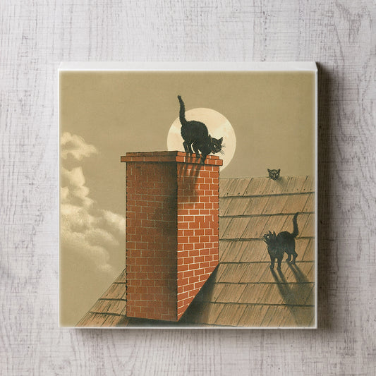屋根で遊ぶ猫のイラストのカンバスプリント